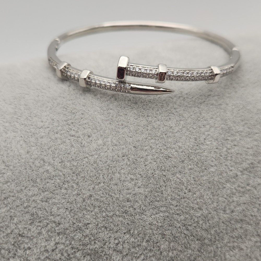 Silver Tone Pavé Nail Bracelet | Zircon Accents | Sleek Modern Statement Jewelry